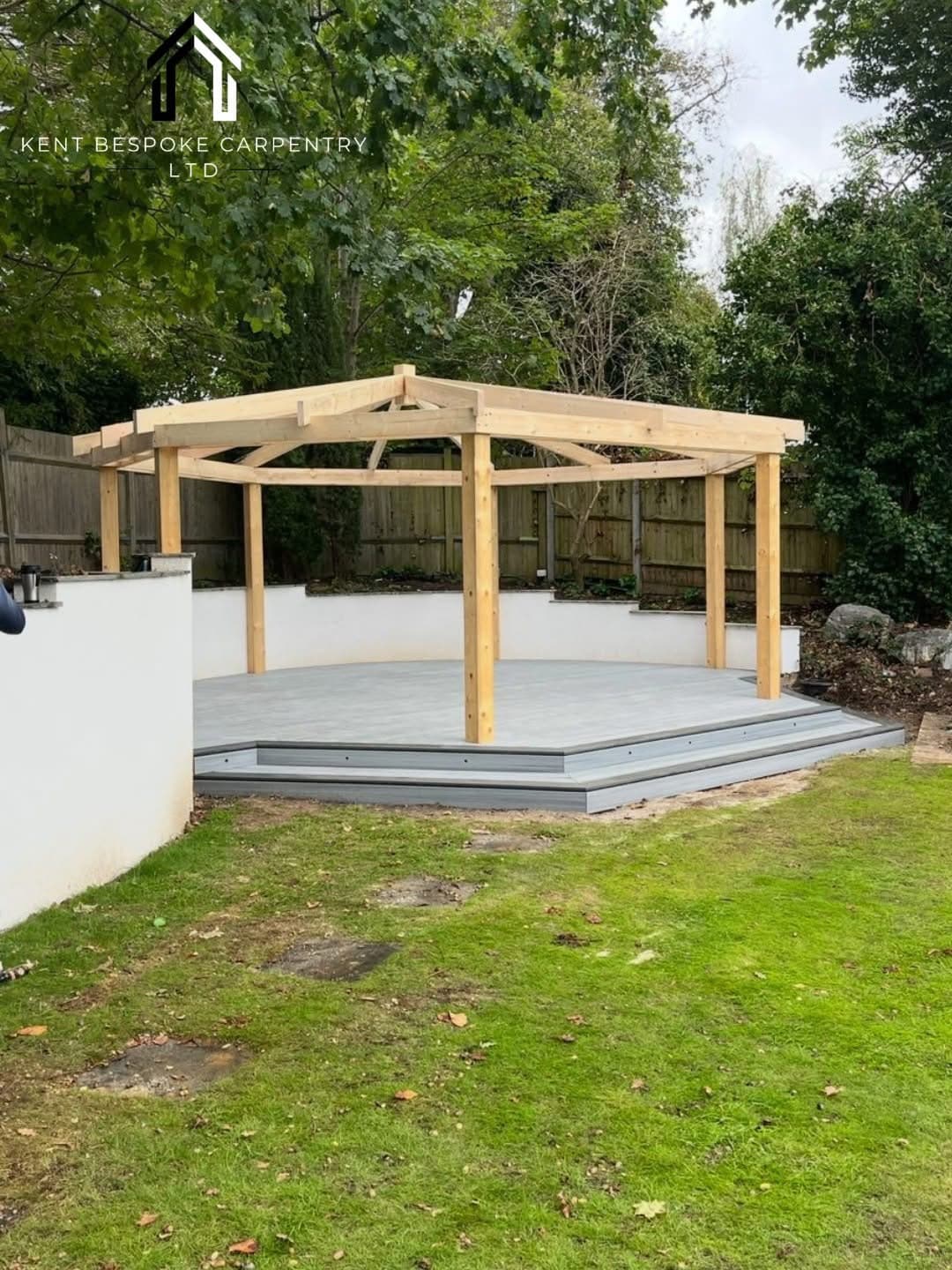Octagonal pergola frame over composite decking